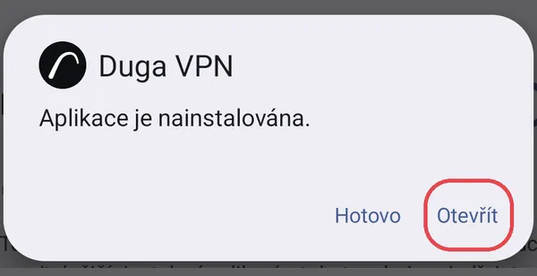 Okno „Aplikace je nainstalována“