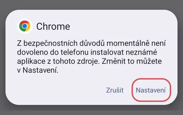 Okno s tlačítky „Zrušit“ a „Nastavení“