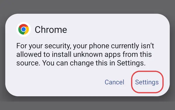 Window with “Cancel” and “Settings” buttons